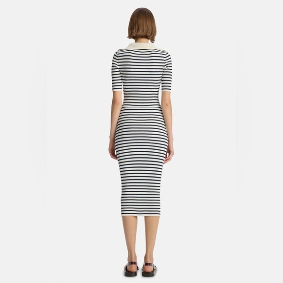 A.L.C Darcy Crochet Polo Collar Trim Ribbed Striped Midi Dress Navy Bone - Picture 3 of 4
